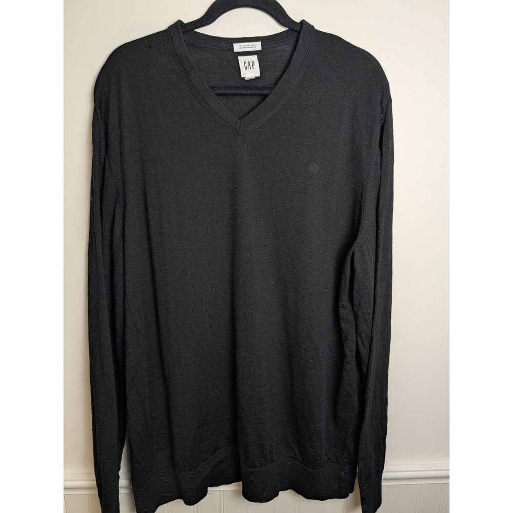 Gap Mens Sweater Washable Merino Wool V-Neck Pullover Size XXL Long Sleeve Black